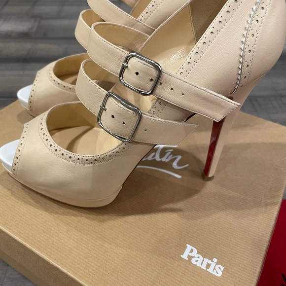 Christian Louboutin Lulu 140 Nappa Nude Peep Toe Double Strap SZ 38.5 - Picture 7 of 11